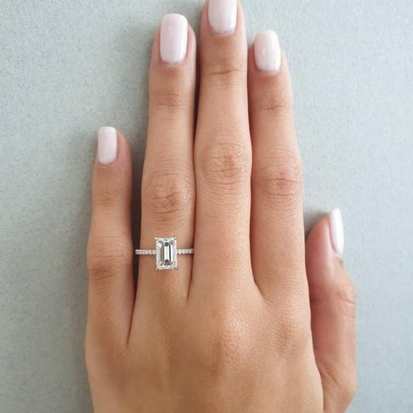 9*11 MM Emerald Cut Moissanite Ring With Diamond - Picture 2 of 3